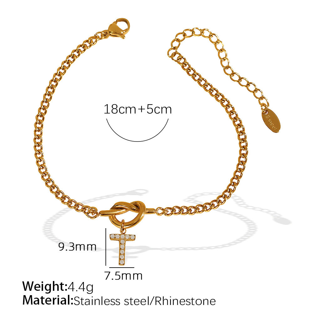 Gold color / 1 Piece Simple Series Simple Letter T Stainless Steel 18K Gold Color Plated Rhinestone Women's Charm Bracelets Picture20